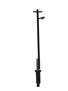 H0 lampa RB 874 dřevěný sloup, beton. patka, vedení NN, výbojka, LED teplá bílá